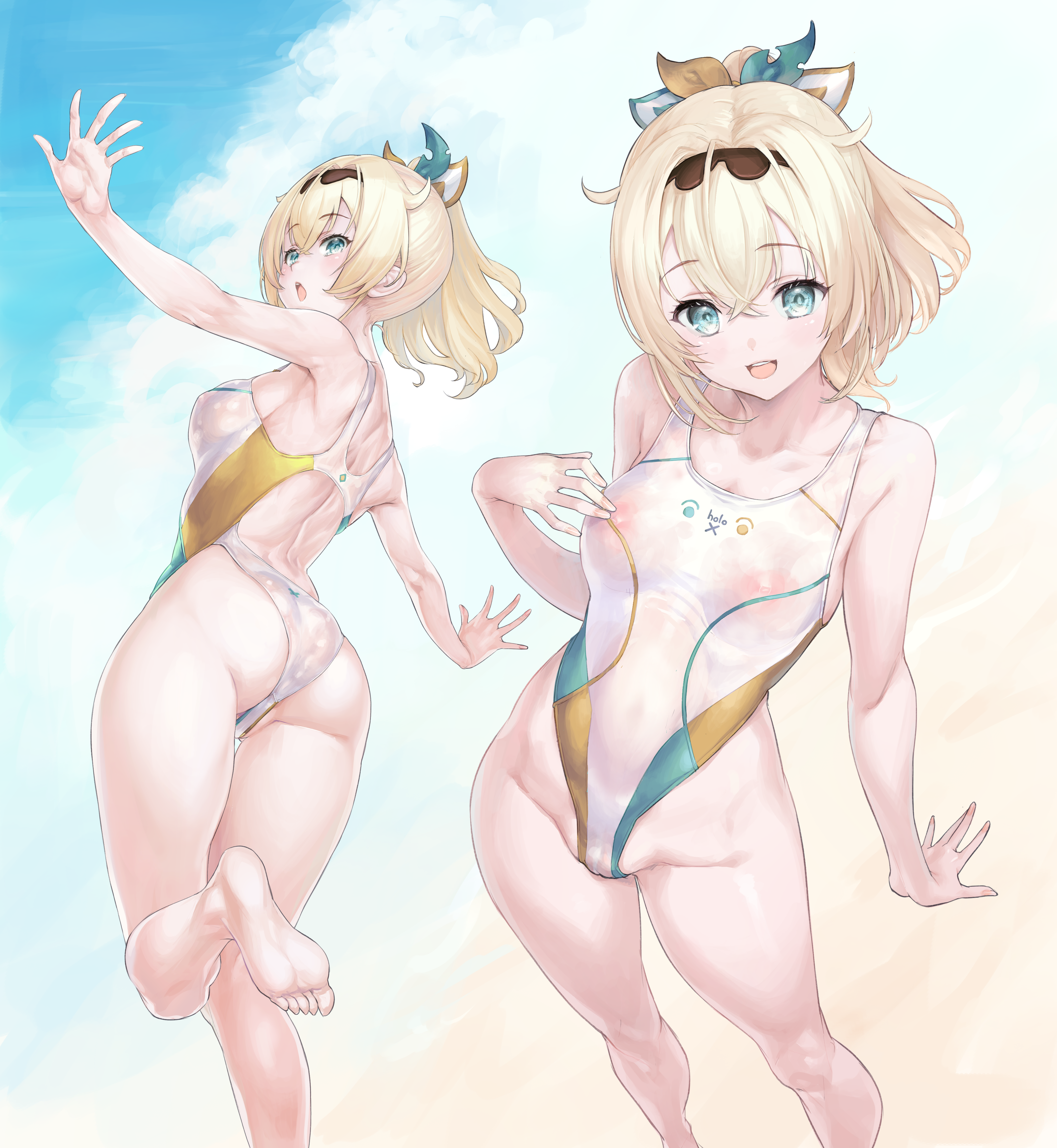 kiyama satoshi, kazama iroha, hololive, absurdres, highres, 1girl, barefoot, blonde hair, blue eyes, breasts, competition swimsuit, feet out of frame, hair ornament, hair ribbon, highleg, highleg one-piece swimsuit, leaf hair ornament, multicolored swimsuit, multiple views, one-piece swimsuit, ribbon, see-through clothes, short hair, small breasts, smile, swimsuit, virtual youtuber, white one-piece swimsuit