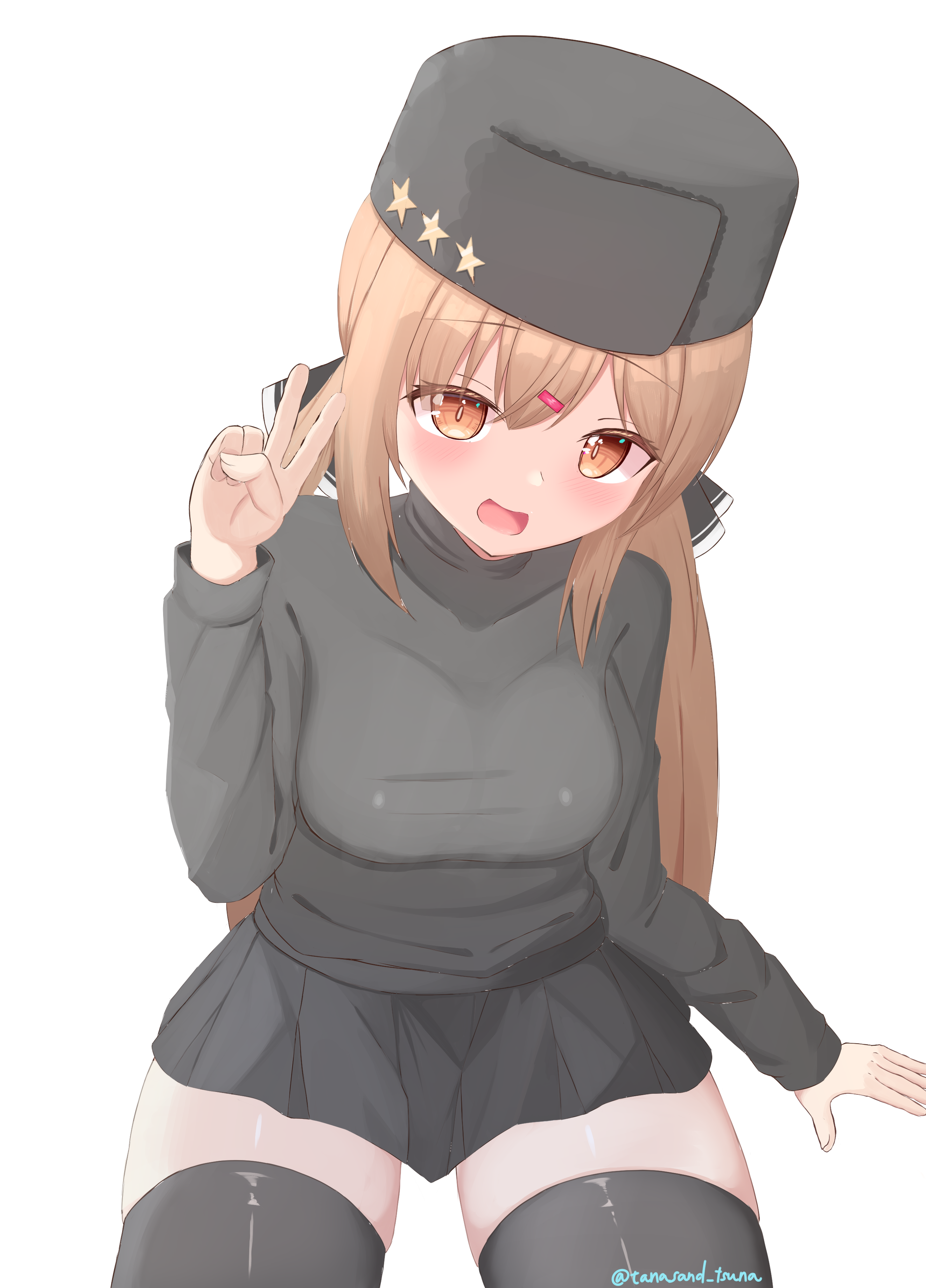 tuna-nuki tanasando, tashkent (kancolle), kantai collection, absurdres, highres, 1girl, black hair, black skirt, black sweater, black thighhighs, breasts, brown eyes, brown hair, fur hat, hair ornament, hairclip, hat, long hair, low twintails, medium breasts, papakha, pleated skirt, simple background, sitting, skirt, smile, solo, sweater, thighhighs, twintails, v, white background