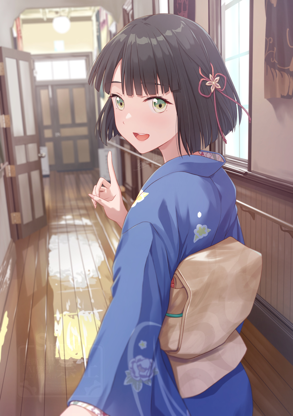 shamakho, original, highres, 1girl, black hair, blue kimono, floral print, floral print kimono, green eyes, hallway, japanese clothes, kimono, looking at viewer, looking back, open mouth, pov, print kimono, short hair, smile, solo