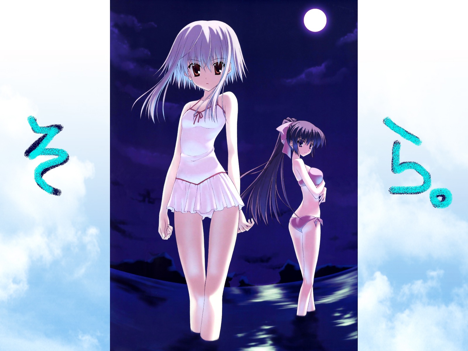 nanao naru, morimiya aono, shihou matsuri, megami magazine, sola, highres, scan, 00s, 2girls, bikini, looking back, multiple girls, night, night sky, sky, smile, swimsuit
