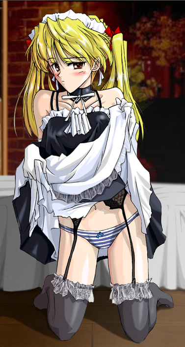sawachika eri, school rumble, 00s, 1girl, alternate costume, blonde hair, blush, bow, bow panties, clothes lift, detached collar, dress, dress lift, enmaided, female focus, garter belt, garter straps, indoors, kneeling, lingerie, long hair, looking at viewer, maid, panties, skirt, skirt lift, solo, striped clothes, striped panties, thighhighs, underwear