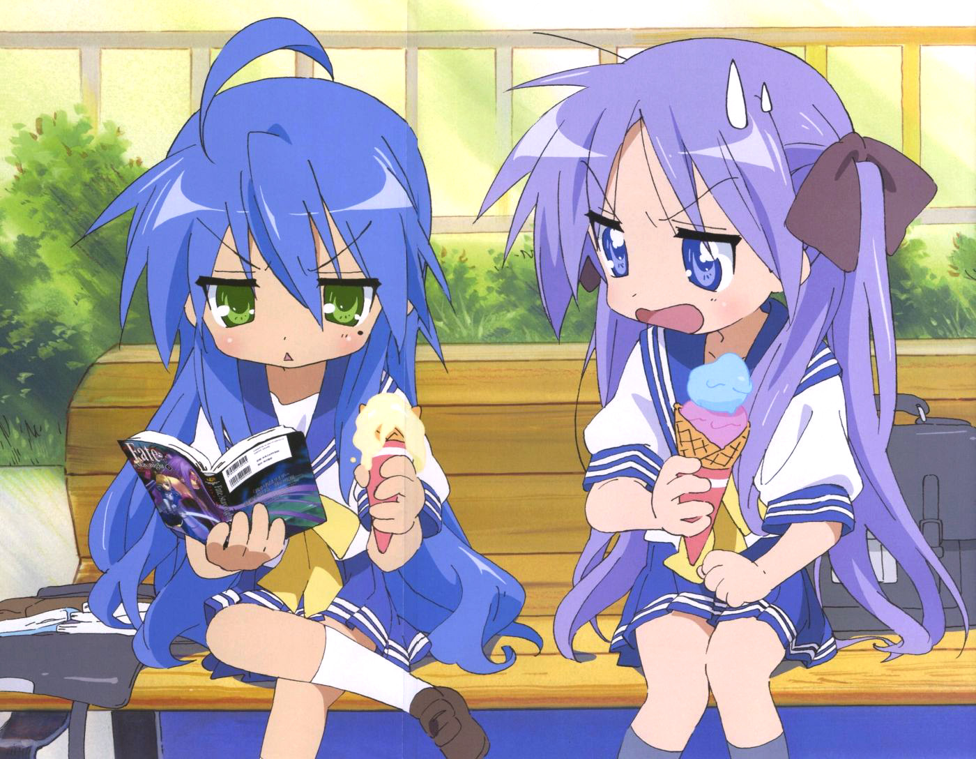 yamada naoko, hiiragi kagami, izumi konata, fate/stay night, fate (series), lucky star, official art, 00s, 2girls, angry, food, ice cream, melting, multiple girls, reading, school uniform, serafuku