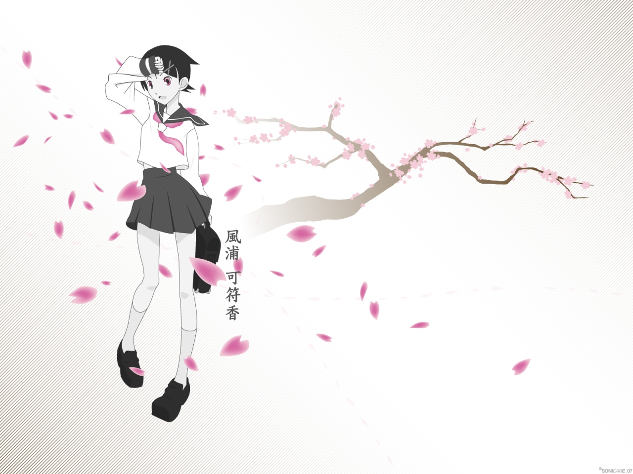 fuura kafuka, sayonara zetsubou sensei, 00s, bag, character name, full body, holding, holding bag, petals, school uniform, serafuku, solo