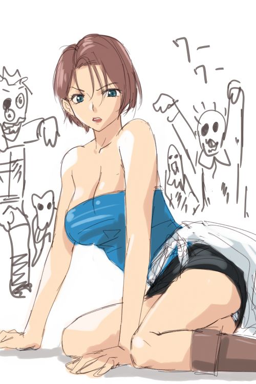 michael f91, jill valentine, resident evil, resident evil 3: nemesis, 1girl, angry, bare shoulders, blue eyes, breasts, brown hair, female focus, large breasts, pencil skirt, short hair, skirt, solo, strapless, tube top, zombie