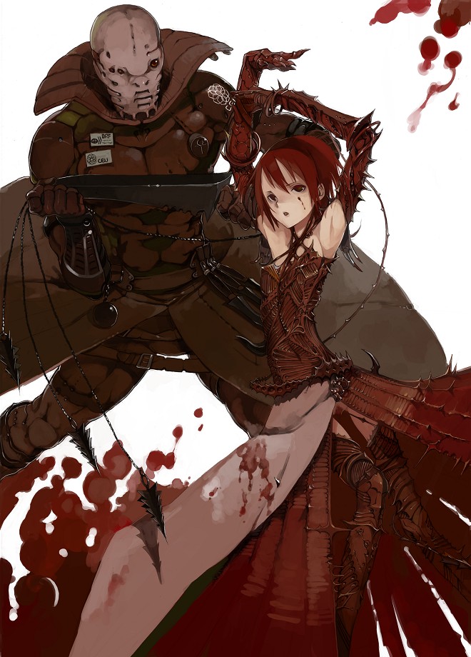 fakepucco, higaide, kardal, kardal spindal, biomega, 1boy, 1girl, blood, elbow gloves, gloves, no panties, tentacles