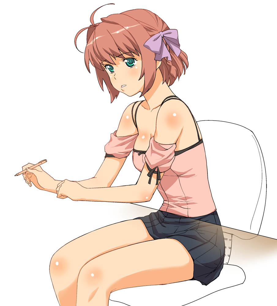 a1 (initial-g), suzumiya haruka, kimi ga nozomu eien, 00s, 1girl, ahoge, bare shoulders, bow, breasts, brown hair, chair, cleavage, detached sleeves, female focus, green eyes, hair bow, miniskirt, pen, pout, see-through clothes, short hair, sitting, skirt, solo, table