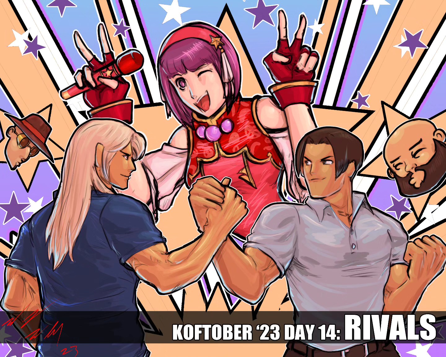 asamiya athena, chang koehan, choi bounge, jhun hoon, kim kaphwan, the king of fighters, 1girl, breasts, dress, female focus, glowing, hairband, hands up, holding, looking at viewer, medium breasts, microphone, one eye closed, pale skin, purple eyes, purple hair, short hair, smile, smiley face, star (symbol), taurence bell, wink