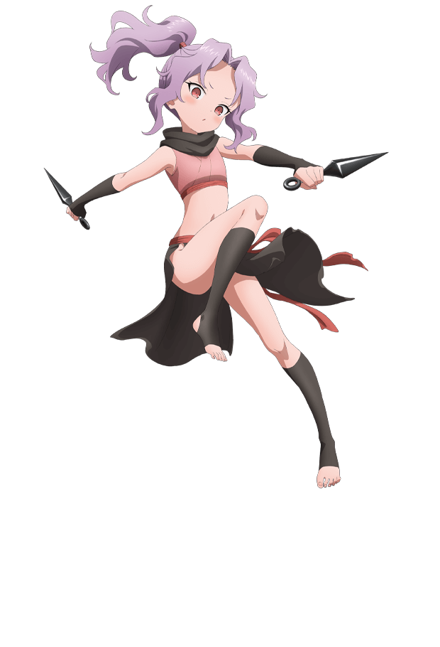 okuda yousuke, sazanka (kunoichi tsubaki no mune no uchi), kunoichi tsubaki no mune no uchi, official art, 1girl, anime coloring, black gloves, black scarf, blush, dual wielding, fingerless gloves, full body, gloves, head tilt, holding, holding kunai, holding weapon, japanese clothes, kimono, kunai, leg up, long hair, looking at viewer, midriff, navel, ninja, open mouth, outstretched arms, parted bangs, pelvic curtain, pink kimono, ponytail, purple hair, red eyes, red sash, sash, scarf, simple background, solo, standing, standing on one leg, tachi-e, thighs, toeless legwear, transparent background, v-shaped eyebrows, wavy hair, weapon