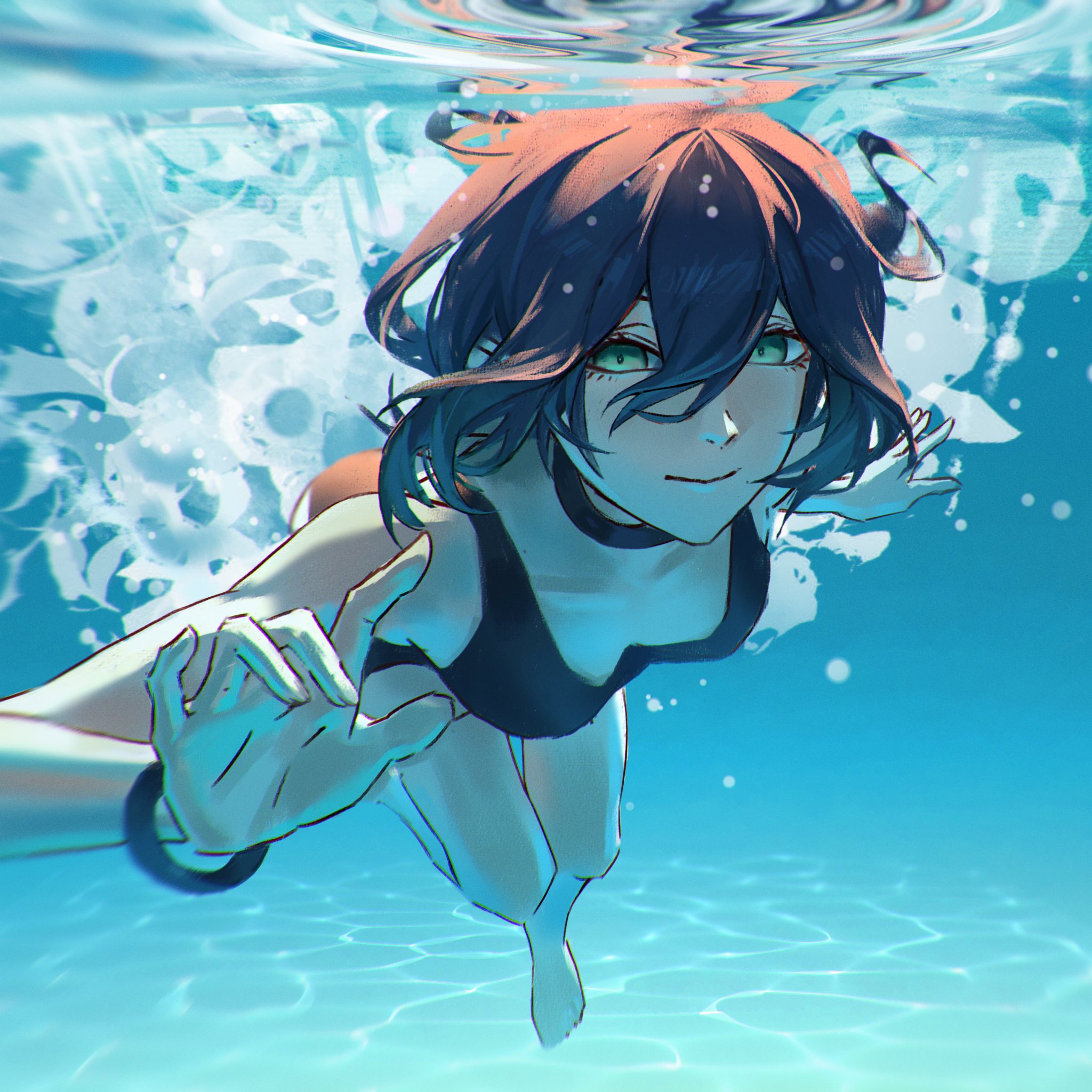 kozzz y, reze (chainsaw man), chainsaw man, highres, 1girl, bikini, black choker, breasts, choker, green eyes, hair between eyes, looking at viewer, medium hair, purple hair, smile, solo, swimsuit, water