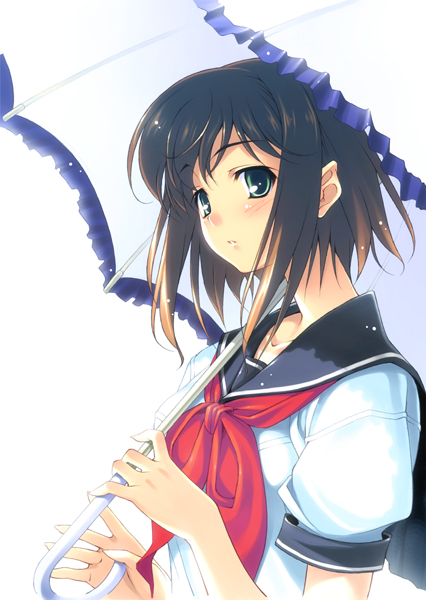 ikeda yasuhiro, original, blue eyes, blush, brown hair, school uniform, serafuku, solo, umbrella