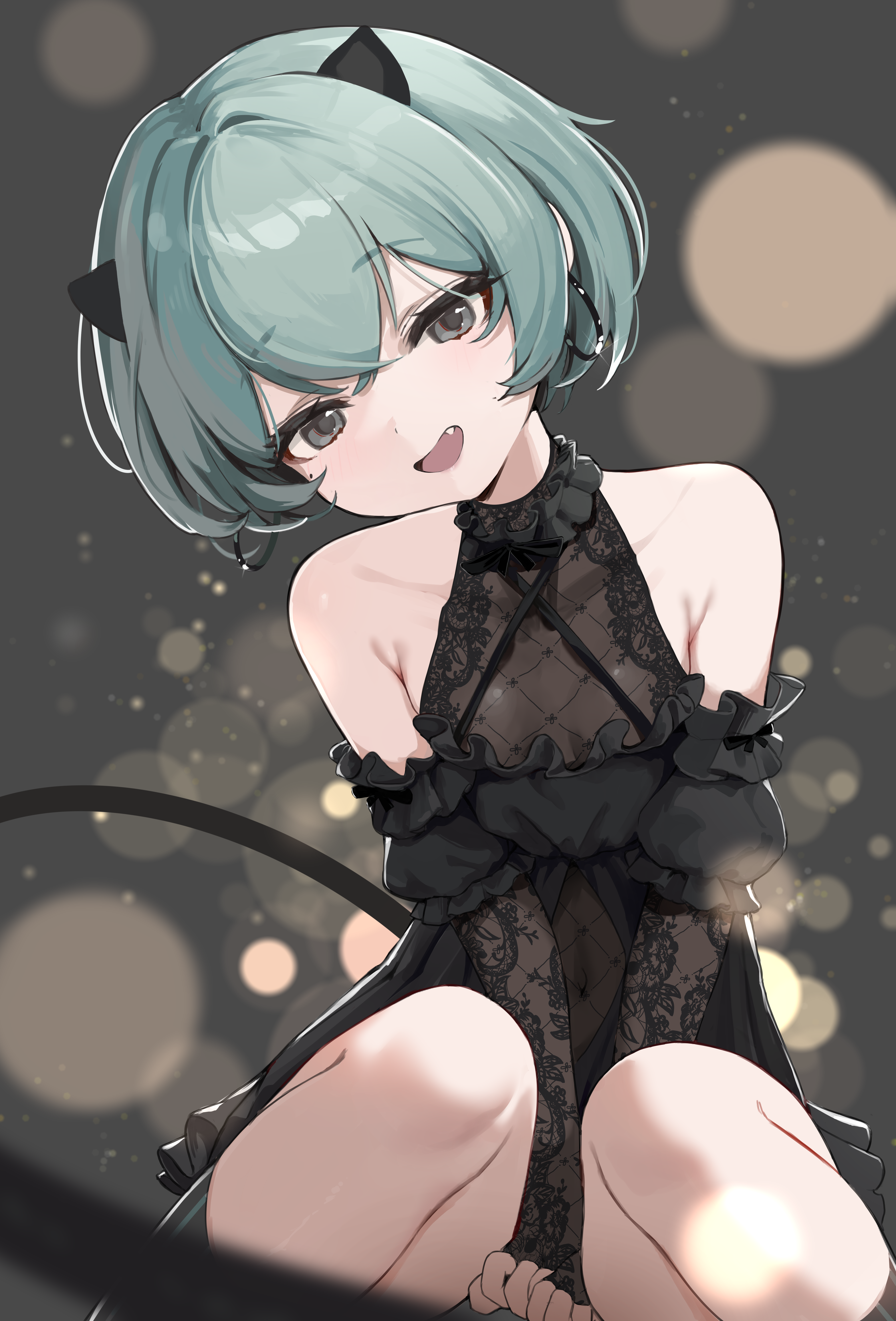 chocpocalypse, original, absurdres, commentary, highres, symbol-only commentary, 1girl, armpit crease, bare shoulders, black dress, black eyes, black gloves, black horns, black sleeves, black socks, black tail, blue hair, collarbone, covered navel, crossed bangs, demon girl, demon horns, demon tail, detached sleeves, dress, earrings, elbow gloves, fang, fingerless gloves, flat chest, frilled dress, frills, gloves, hair between eyes, head tilt, hoop earrings, horns, jewelry, kneehighs, mole, mole under eye, open mouth, puffy short sleeves, puffy sleeves, see-through clothes, see-through dress, see-through gloves, short hair, short sleeves, sitting, sleeveless, sleeveless dress, smile, socks, solo, tail