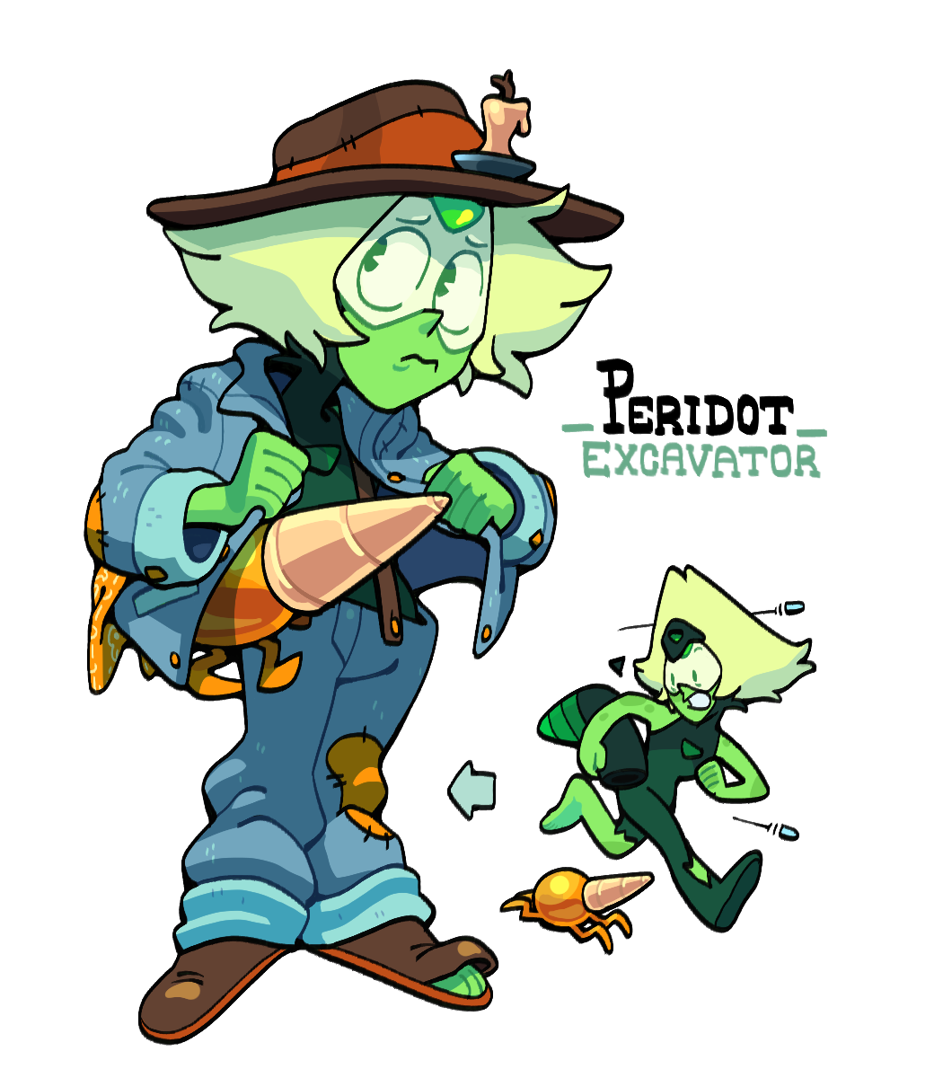 discount-supervillain, peridot (steven universe), steven universe, highres, 1girl, alien, blonde hair, colored skin, face shield, forehead jewel, full body, gem, green skin, short hair, simple background, triangle-shaped hair