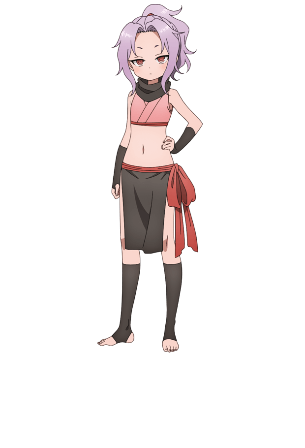 okuda yousuke, sazanka (kunoichi tsubaki no mune no uchi), kunoichi tsubaki no mune no uchi, official art, 1girl, anime coloring, black gloves, black scarf, blush, fingerless gloves, full body, gloves, hand on own hip, japanese clothes, kimono, long hair, looking at viewer, midriff, navel, ninja, parted bangs, pelvic curtain, pink kimono, ponytail, purple hair, red eyes, red sash, sash, scarf, simple background, solo, standing, tachi-e, toeless legwear, transparent background, wavy hair