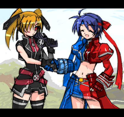 m ganzy, mganzy, cross mirage, revolver knuckle, subaru nakajima, teana lanster, lyrical nanoha, mahou shoujo lyrical nanoha, mahou shoujo lyrical nanoha strikers, lowres, 00s, 2girls, letterboxed, multiple girls, thighhighs