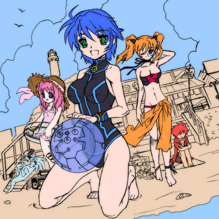 m ganzy, mganzy, caro ru lushe, erio mondial, friedrich (nanoha), subaru nakajima, teana lanster, lyrical nanoha, mahou shoujo lyrical nanoha, mahou shoujo lyrical nanoha strikers, lowres, unfinished, 00s, 1boy, 3girls, adapted costume, ball, barefoot, beach, beachball, bikini, blue eyes, blue hair, blush, breasts, brown hair, cleavage, dragon, drink, feet, green eyes, hugging own legs, impossible clothes, innertube, kneeling, large breasts, medium breasts, midriff, multiple girls, one eye closed, orange hair, pink hair, sarong, stereo, swim ring, swimsuit, twintails, water, wink