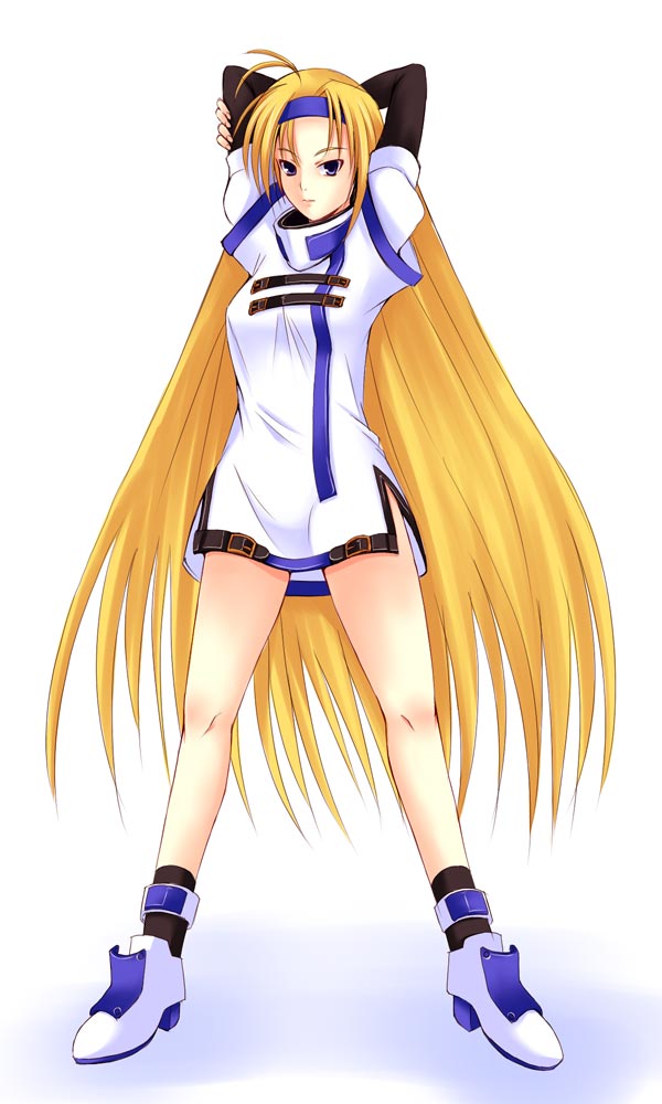 mofumofu (lorelei), millia rage, arc system works, guilty gear, guilty gear x, guilty gear xx, 1girl, antenna hair, arms up, blonde hair, blue eyes, dress, elbow gloves, female focus, fingerless gloves, gloves, hairband, high heels, legs, long hair, shoes, short dress, socks, solo, strap, turtleneck, very long hair