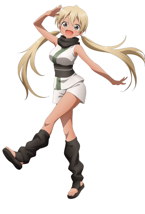 okuda yousuke, asagao (kunoichi tsubaki no mune no uchi), kunoichi tsubaki no mune no uchi, official art, 1girl, :d, anime coloring, arm up, black scarf, blonde hair, blush, breasts, brown eyes, dark-skinned female, dark skin, full body, hair between eyes, head tilt, japanese clothes, kimono, large breasts, leg up, long hair, looking at viewer, low twintails, ninja, obi, open hands, open mouth, outstretched arm, salute, sandals, sash, scarf, short shorts, shorts, simple background, sleeveless, smile, solo, standing, standing on one leg, tachi-e, toeless legwear, transparent background, twintails, very long hair, white kimono, white shorts