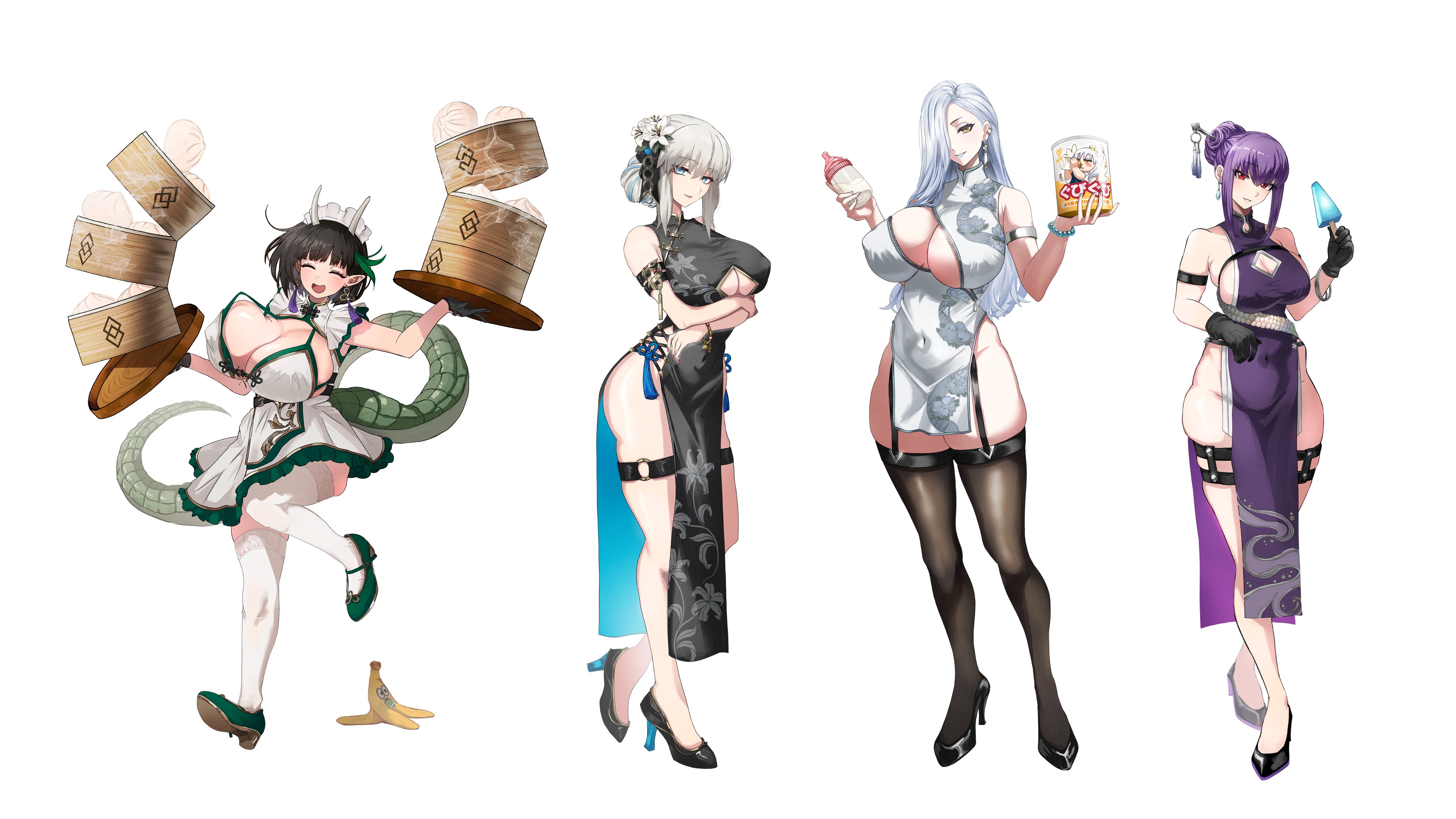 shibao aoyama, biscione (fate), morgan le fay (fate), mrs. snake (fate), scathach (fate), scathach skadi (fate), fate/grand order, fate (series), absurdres, highres, 4girls, alternate breast size (larger), baby bottle, bamboo steamer, banana peel, bare shoulders, black dress, black gloves, black hair, black thighhighs, blue eyes, blue lips, blush, bottle, braid, breasts, china dress, chinese clothes, cleavage, cleavage cutout, closed eyes, clothing cutout, covered navel, crossed arms, crown, dragon girl, dragon horns, dragon tail, dress, earrings, eyeliner, flower, food, frilled dress, frills, full body, gloves, green scales, green shoes, green tail, grey hair, grin, hair between eyes, hair bun, hair flower, hair ornament, hair over one eye, hair stick, high heels, holding, holding tray, horns, huge breasts, jewelry, large breasts, long hair, looking at viewer, makeup, mini crown, multicolored hair, multiple girls, open mouth, pelvic curtain, pointy ears, ponytail, popsicle, purple dress, purple hair, red eyes, scales, shoes, short hair, sideboob, sideless outfit, sidelocks, single earring, sleeveless, smile, steamed bun, streaked hair, super baby caren, tail, tassel, thigh strap, thighhighs, tray, tripping, white dress, white hair, white horns, white thighhighs, yellow eyes