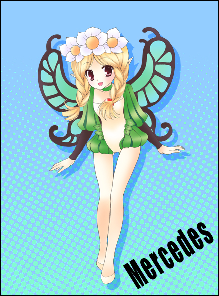mika mikan, mercedes (odin sphere), odin sphere, 1girl, blonde hair, character name, female focus, long hair, pointy ears, puff and slash sleeves, puffy sleeves, red eyes, solo, wings