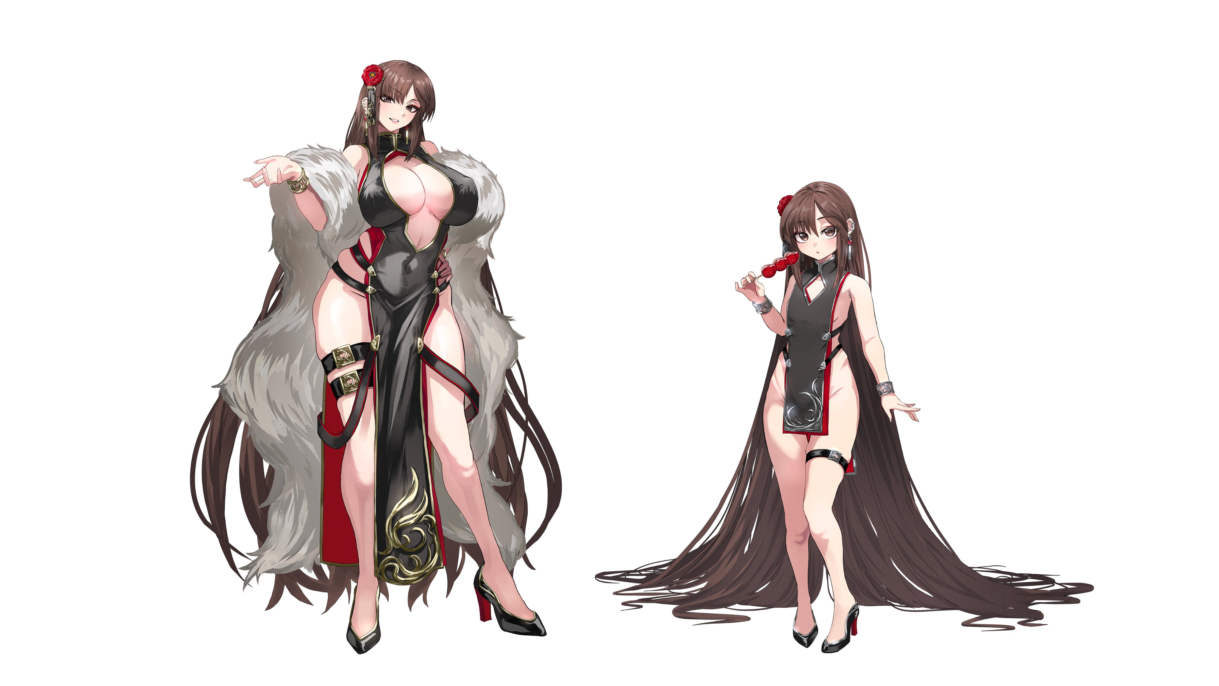 shibao aoyama, yu mei-ren (fate), fate/grand order, fate (series), absurdres, highres, 2girls, above-cleavage cutout, aged down, bare shoulders, black dress, blush, bracelet, braid, braided ponytail, breasts, brown eyes, brown hair, center opening, china dress, chinese clothes, cleavage, clothing cutout, covered navel, dango, dress, dual persona, earrings, feather boa, flower, food, full body, gold trim, grin, hair flower, hair ornament, high heels, jewelry, large breasts, lily servant, long hair, looking at viewer, multiple girls, pear-shaped figure, pelvic curtain, petite, short dress, side slit, sideless outfit, single braid, small breasts, smile, thigh strap, very long hair, wagashi