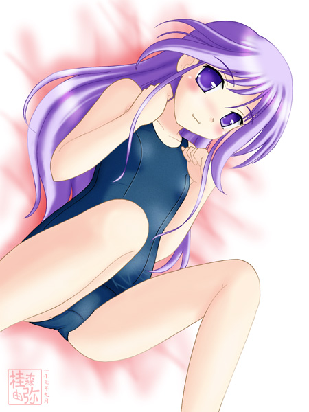 neopure, watarase jun, happiness!, 00s, 1boy, crossdressing, crossdressing (mtf), gradient background, male focus, one-piece swimsuit, purple hair, school swimsuit, solo, swimsuit, trap