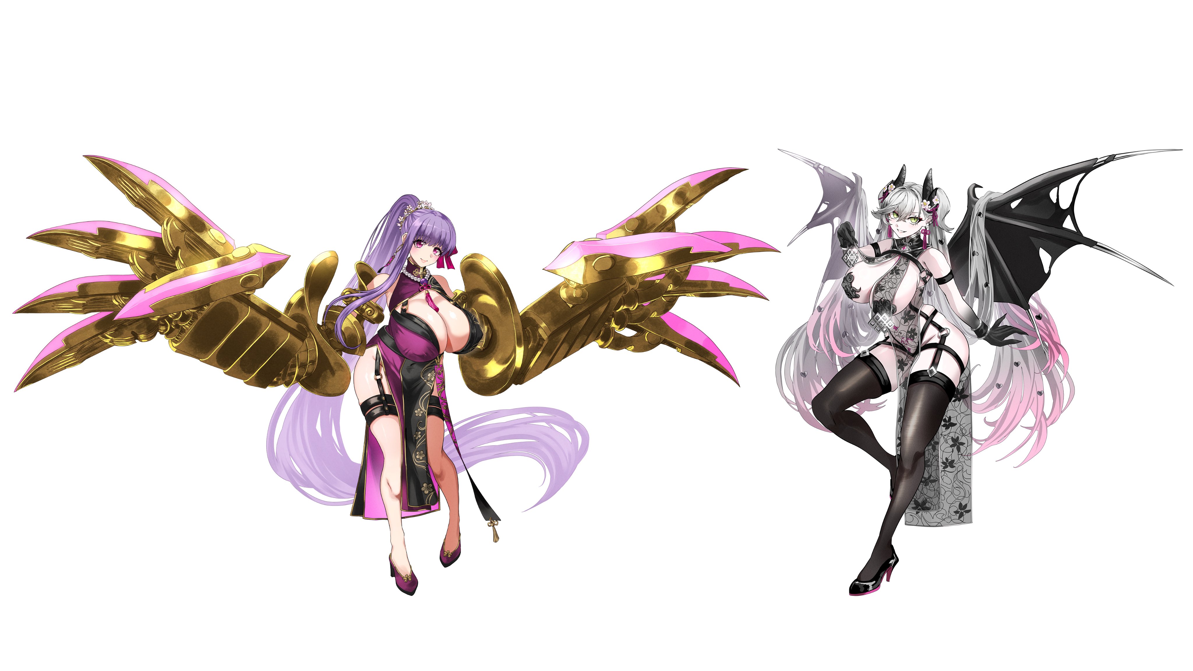 shibao aoyama, lilith (fate), passionlip (fate), fate/grand order, fate (series), absurdres, highres, 2girls, bare shoulders, black hands, black thighhighs, blush, body markings, breast curtains, breasts, china dress, chinese clothes, claw (weapon), cleavage, cleavage cutout, clothing cutout, colored extremities, crossed bangs, demon girl, demon horns, demon wings, dress, earrings, eyeliner, flower, full body, green eyes, grey dress, grey hair, grin, hair between eyes, hair flower, hair ornament, hair ribbon, high heels, horns, huge breasts, jewelry, large breasts, long hair, looking at viewer, makeup, multiple girls, necklace, pasties, pearl necklace, pelvic curtain, pink eyes, pink ribbon, pointy ears, ponytail, purple dress, purple hair, revealing clothes, ribbon, see-through clothes, short dress, sideboob, smile, stomach tattoo, tassel, tassel earrings, tattoo, thighhighs, twintails, very long hair, weapon, wings