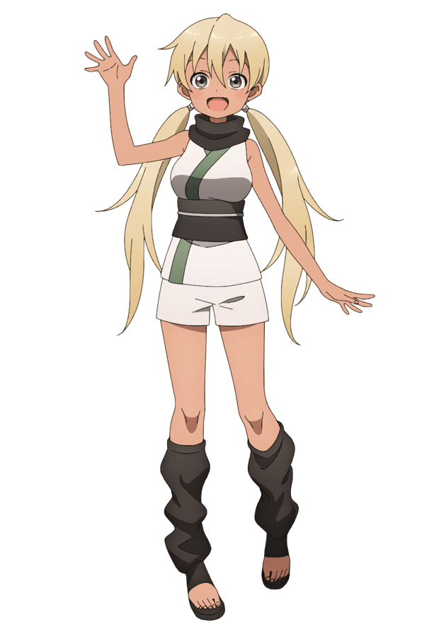okuda yousuke, asagao (kunoichi tsubaki no mune no uchi), kunoichi tsubaki no mune no uchi, official art, 1girl, :d, anime coloring, black scarf, blonde hair, blush, breasts, brown eyes, dark-skinned female, dark skin, full body, hand up, japanese clothes, kimono, large breasts, long hair, looking at viewer, low twintails, ninja, obi, open hands, open mouth, palms, sandals, sash, scarf, short shorts, shorts, simple background, sleeveless, smile, solo, spread fingers, standing, tachi-e, toeless legwear, transparent background, twintails, very long hair, white kimono, white shorts