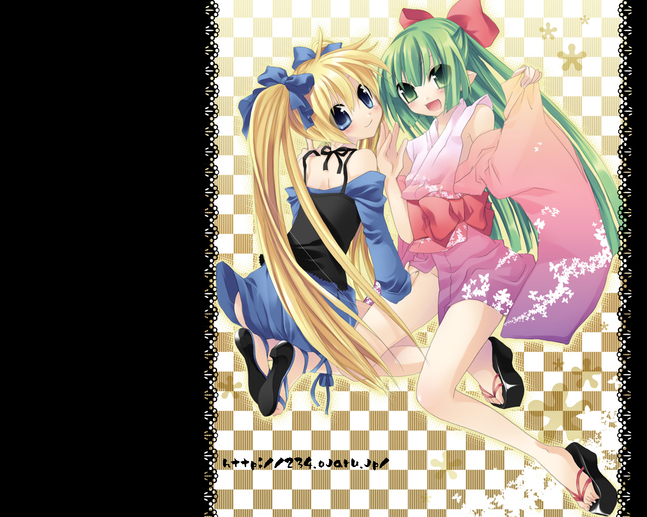sazaki ichiri, original, 2girls, :d, blonde hair, blue eyes, blush, checkered background, detached sleeves, from behind, green eyes, green hair, japanese clothes, kimono, long hair, long sleeves, looking back, multiple girls, open mouth, simple background, smile, very long hair, wide sleeves