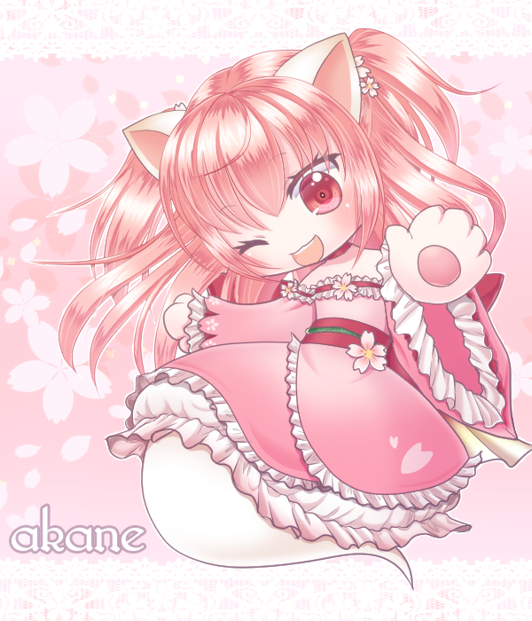 emil chronicle online, alternate costume, animal ears, animal hands, cat ears, cat girl, character name, cherry blossoms, ciel0420, dress, flower, frilled dress, frills, ghost girl, ghost tail, hair flower, hair ornament, long hair, nekomata akane, one eye closed, open mouth, petals, red dress, red eyes, red hair, red sash, sash, two side up