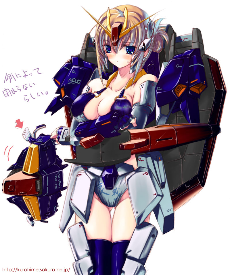kousaka yami, yami kosaka, zeta gundam (mobile suit), gundam, zeta gundam, translation request, 1girl, blonde hair, blue eyes, blush, breasts, cleavage, female focus, large breasts, mecha musume, panties, solo, thighhighs, underwear