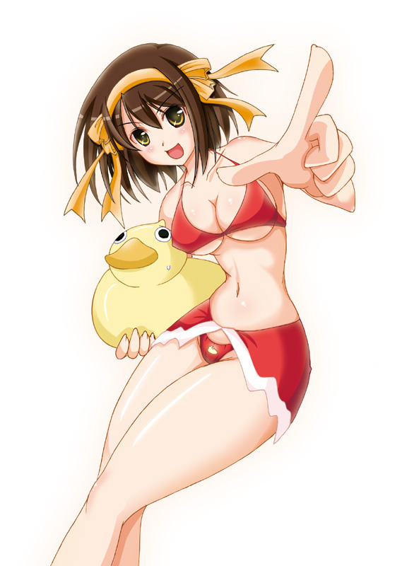 yoitsuki koubou, suzumiya haruhi, suzumiya haruhi no yuuutsu, 00s, 1girl, bikini, blush, breasts, brown hair, cleavage, female focus, hair ribbon, hairband, large breasts, pointing, red bikini, ribbon, rubber duck, sarong, short hair, simple background, solo, swimsuit, underboob, yellow eyes