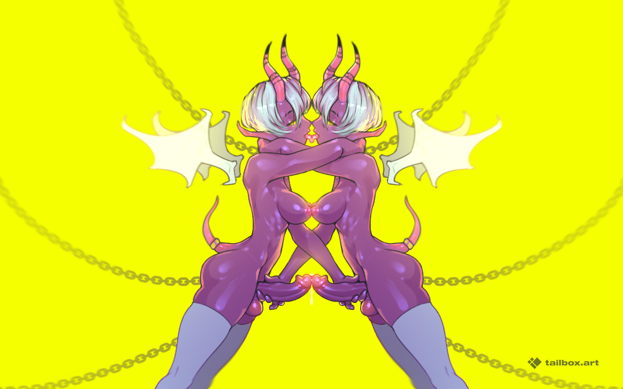 tailbox, original, 2girls, chain, curved horns, dark skin, demon girl, demon horns, demon tail, detached wings, futanari, handjob, horns, multiple girls, mutual handjob, mutual masturbation, nipples pressed together, penis, penises touching, pointy ears, tail, thighhighs, tongue, tongue out, white thighhighs, wings, yellow background