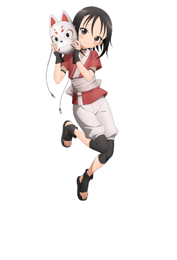 okuda yousuke, rindou (kunoichi tsubaki no mune no uchi), kunoichi tsubaki no mune no uchi, official art, 1girl, anime coloring, black hair, black sandals, black socks, blush, breasts, brown eyes, fingerless gloves, fishnets, flat chest, floating, fox mask, full body, gloves, hair between eyes, hands up, head tilt, holding, holding mask, japanese clothes, jumping, kimono, looking at viewer, mask, obi, sandals, sash, short hair, short sleeves, shorts, sidelocks, simple background, smile, socks, solo, tachi-e, transparent background, two-handed
