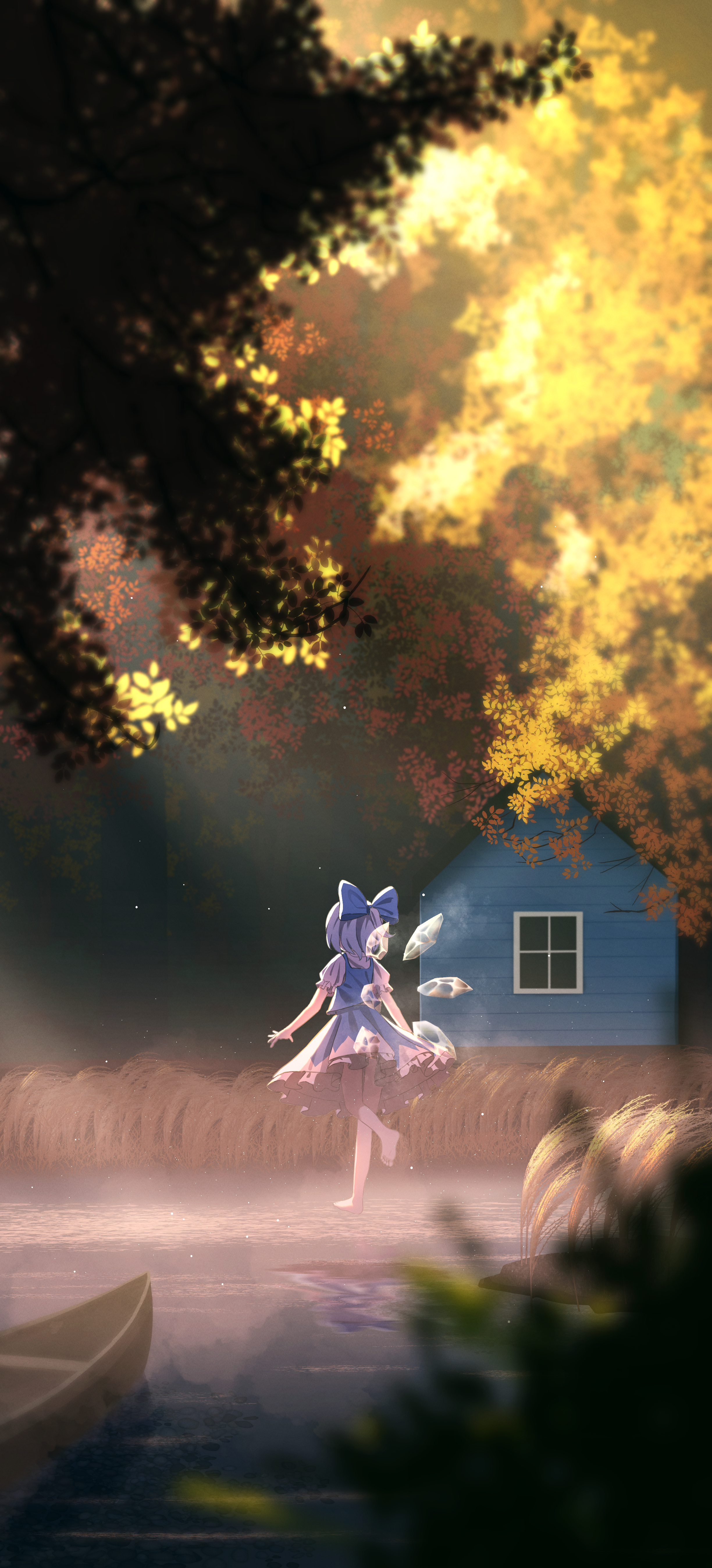 wrainman, cirno, touhou, absurdres, highres, 1girl, autumn, autumn leaves, barefoot, blue bow, blue dress, blue hair, bow, cirno day, detached wings, dress, from behind, grass, hair bow, house, ice, ice wings, leaf, outdoors, puffy short sleeves, puffy sleeves, shirt, short hair, short sleeves, skirt, solo, tree, vest, white shirt, window, wings