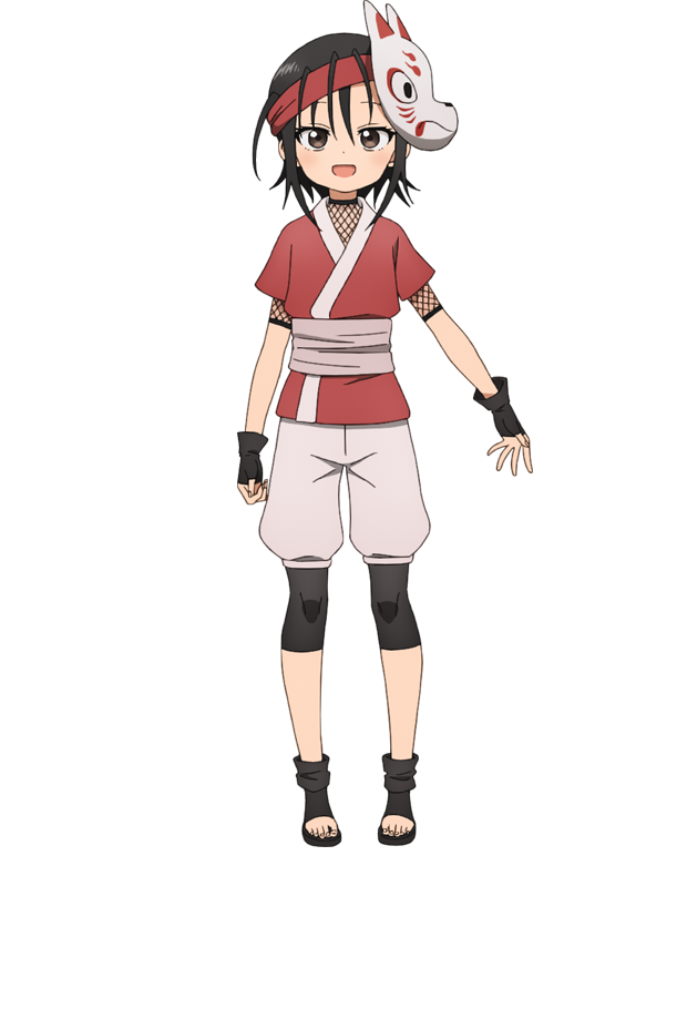 okuda yousuke, rindou (kunoichi tsubaki no mune no uchi), kunoichi tsubaki no mune no uchi, official art, 1girl, anime coloring, black hair, black sandals, black socks, blush, breasts, brown eyes, fingerless gloves, fishnets, flat chest, fox mask, full body, gloves, hair between eyes, japanese clothes, kimono, looking at viewer, mask, mask on head, obi, sandals, sash, short hair, short sleeves, shorts, sidelocks, simple background, smile, socks, solo, standing, tachi-e, transparent background