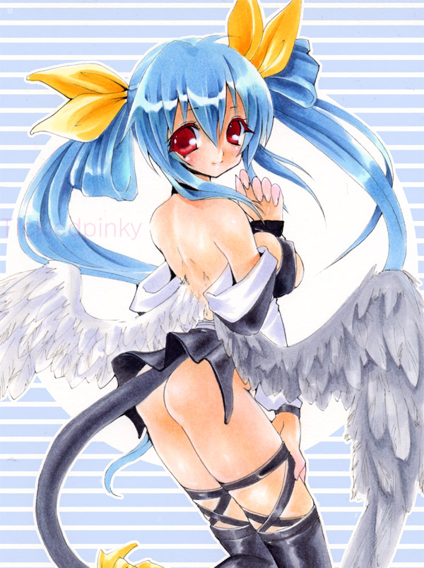 chikkuru, dizzy (guilty gear), arc system works, guilty gear, 1girl, ass, asymmetrical wings, blue hair, blush, bow, breasts, female focus, hair bow, large breasts, looking at viewer, looking back, low wings, monster girl, no panties, red eyes, ribbon, sideboob, solo, tail, tail ornament, tail ribbon, thighhighs, twintails, wings