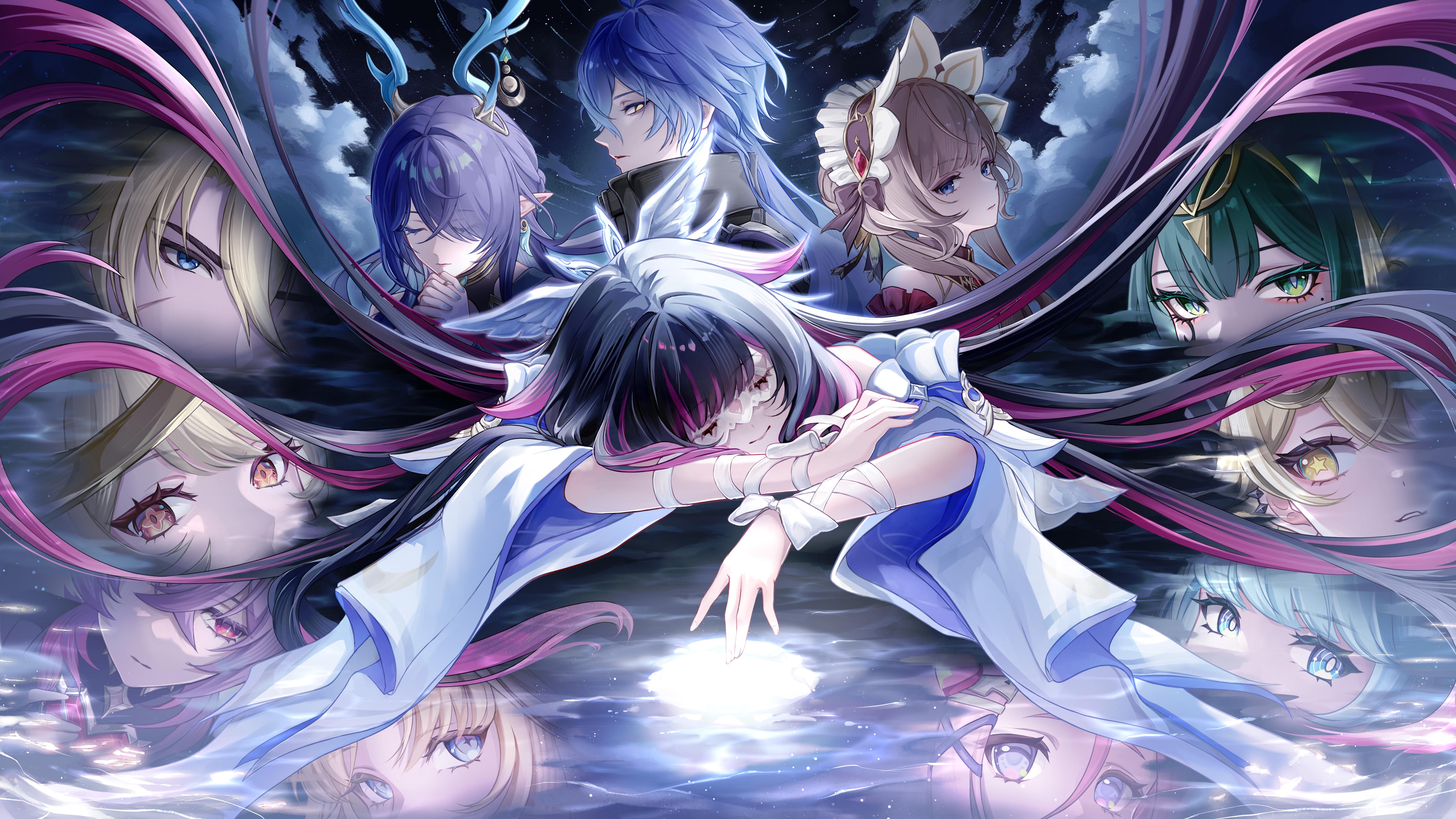 mimisuke37, aino (genshin impact), alice (genshin impact), columbina (genshin impact), flins (genshin impact), ineffa (genshin impact), jahoda (genshin impact), lauma (genshin impact), mini durin (genshin impact), mini durin (human) (genshin impact), nefer (genshin impact), nicole reeyn, sandrone (genshin impact), varka (genshin impact), genshin impact, absurdres, commentary, english commentary, highres, second-party source, 3boys, 6+girls, antlers, black hair, closed eyes, everyone, eye mask, hair over one eye, head down, head wings, horns, long hair, lying, multicolored hair, multiple boys, multiple girls, pointy ears, very long hair, white mask, wings, x-shaped eyewear