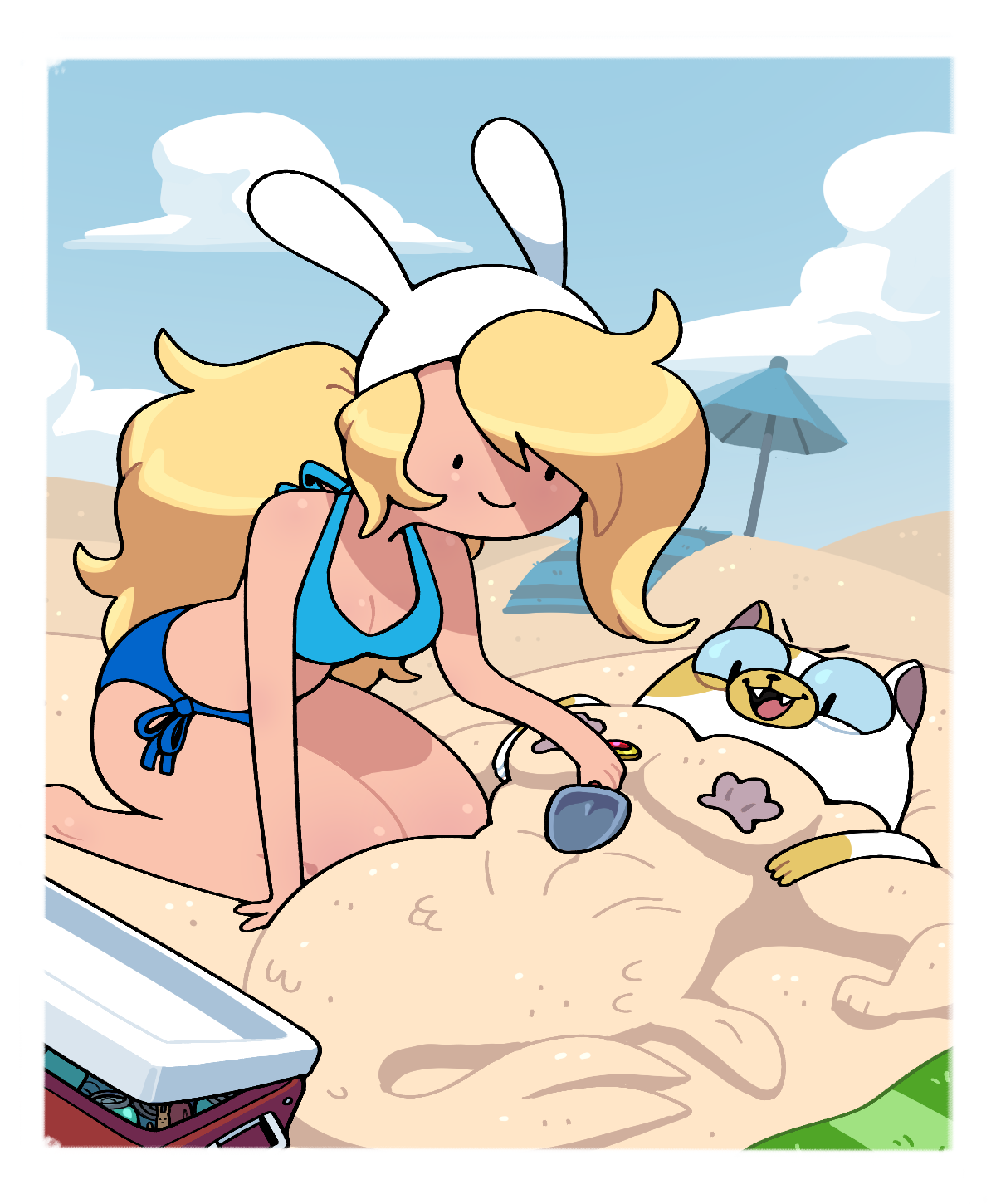 discount-supervillain, cake (adventure time), fionna campbell, adventure time, adventure time: fionna and cake, highres, 2girls, animal hat, beach, bikini, blonde hair, closed mouth, hat, multiple girls, ponytail, rabbit hat, sand, smile, swimsuit, umbrella