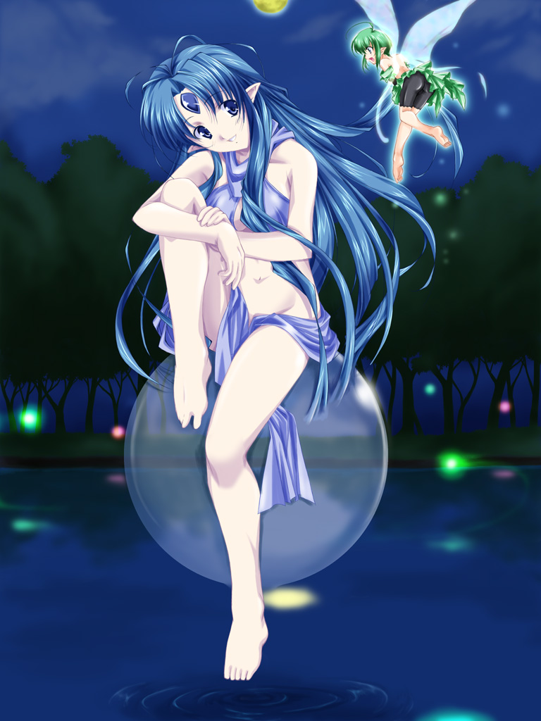 sakuragi hiroyuki, original, 2girls, blue eyes, blue hair, fairy, fantasy, green hair, multiple girls, size difference, wings