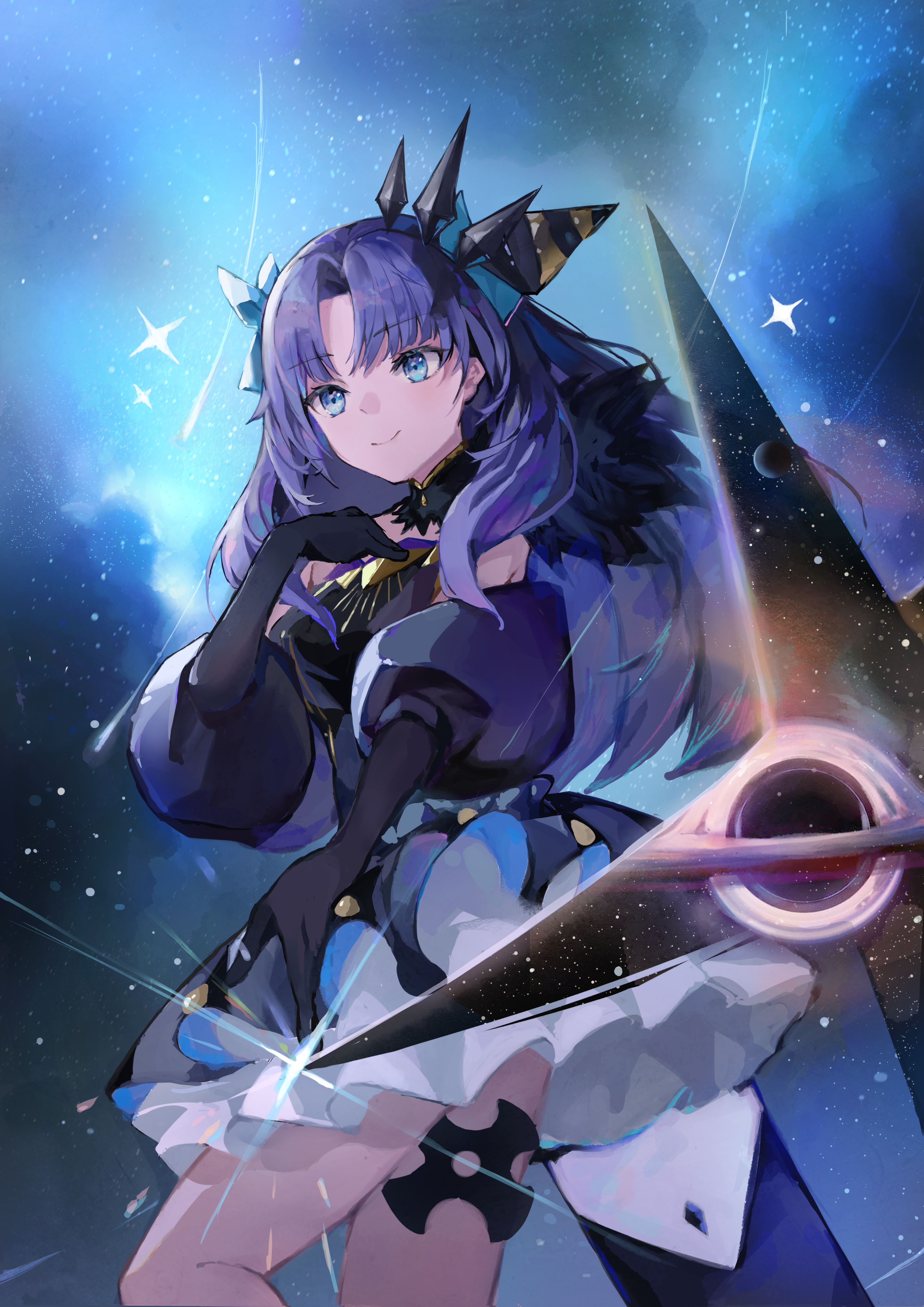rainbow (pixiv 66183854), anki-ereshkigal (fate), ereshkigal (fate), fate/grand order, fate (series), absurdres, highres, 1girl, black dress, black hole, blue eyes, dress, elbow gloves, fur trim, gloves, long hair, purple hair, smile, space