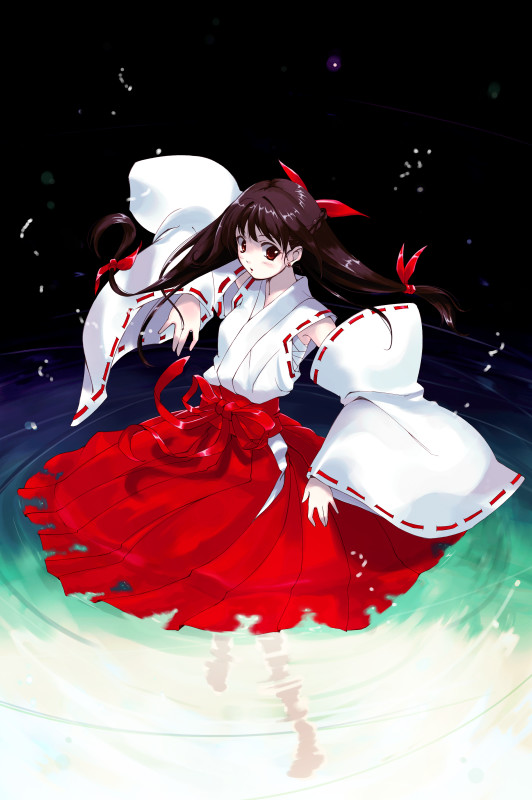 tamaki fuyu, original, bad id, bad pixiv id, md5 mismatch, 1girl, barefoot, female focus, hakama, hakama skirt, japanese clothes, miko, red hakama, skirt, solo, wading, water