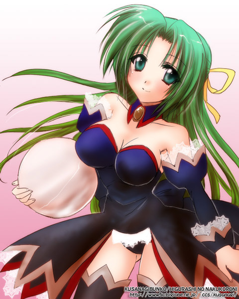 kusanagi yuuri, sonozaki shion, higurashi no naku koro ni, 00s, 1girl, angel mort, detached collar, female focus, green hair, half updo, panties, ribbon, solo, thighhighs, underwear, waitress, watermark, web address