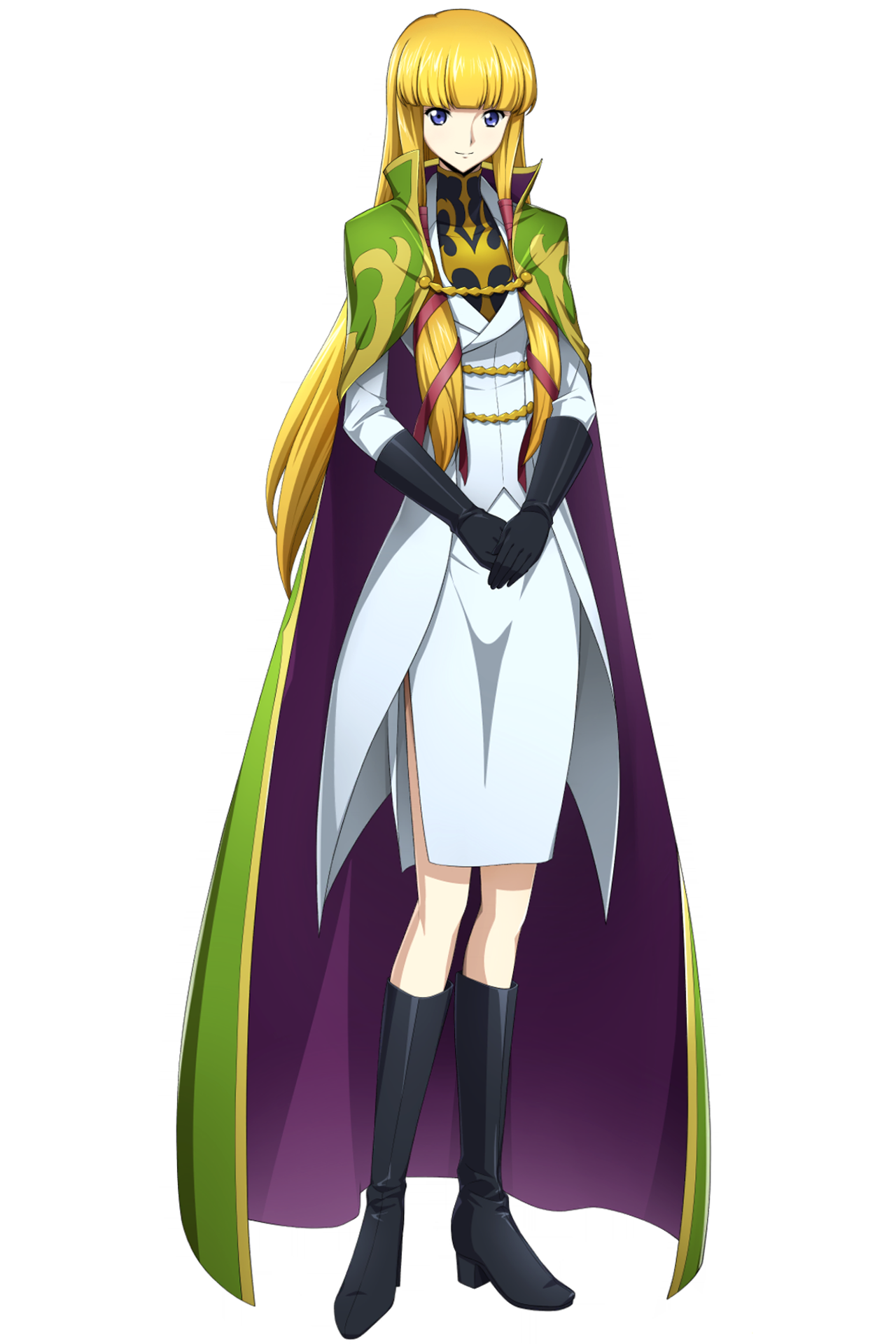 monica kruszewski, code geass, code geass: lost stories, highres, non-web source, official art, 1girl, black boots, black gloves, blonde hair, blunt bangs, blush, boots, breasts, cape, dress, gloves, green cape, knights of the round uniform, long hair, looking at viewer, ribbon, simple background, smile, tachi-e, two-sided cape, two-sided fabric, white background, white dress