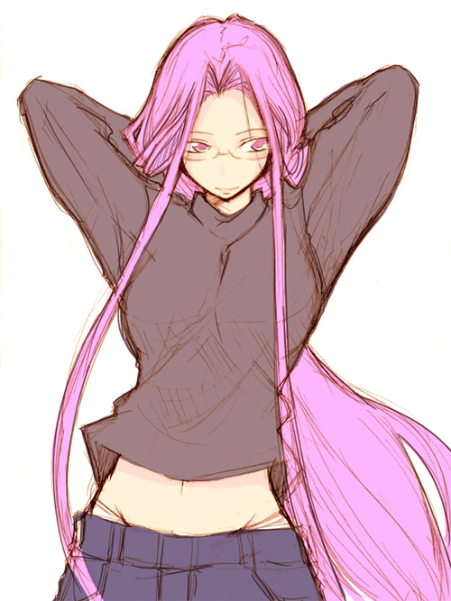fue (rhomphair), medusa (fate), medusa (rider) (fate), fate/stay night, fate (series), 00s, casual, denim, glasses, jeans, long hair, midriff, official alternate costume, pants, purple eyes, purple hair, sketch, solo, very long hair