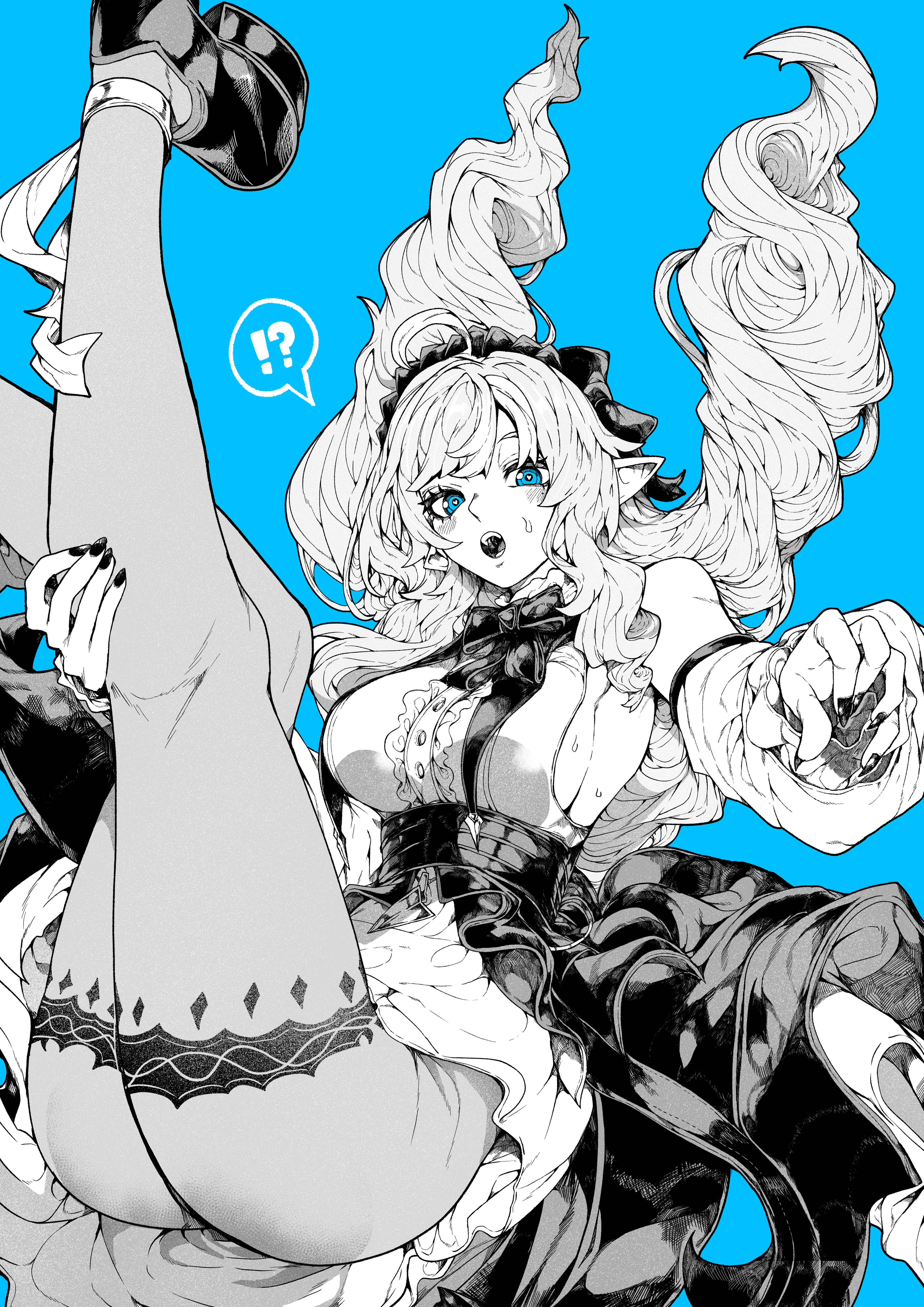 yotsumi shiro, vivian banshee, zenless zone zero, absurdres, highres, !, 1girl, ?, bare shoulders, belt, black nails, black shoes, blue background, blue eyes, bow, breasts, detached sleeves, falling, hair ornament, hand on own leg, legs up, long hair, monochrome, open mouth, pantyhose, ribbon, shoes, sideboob, skirt, solo, sweat, white skirt