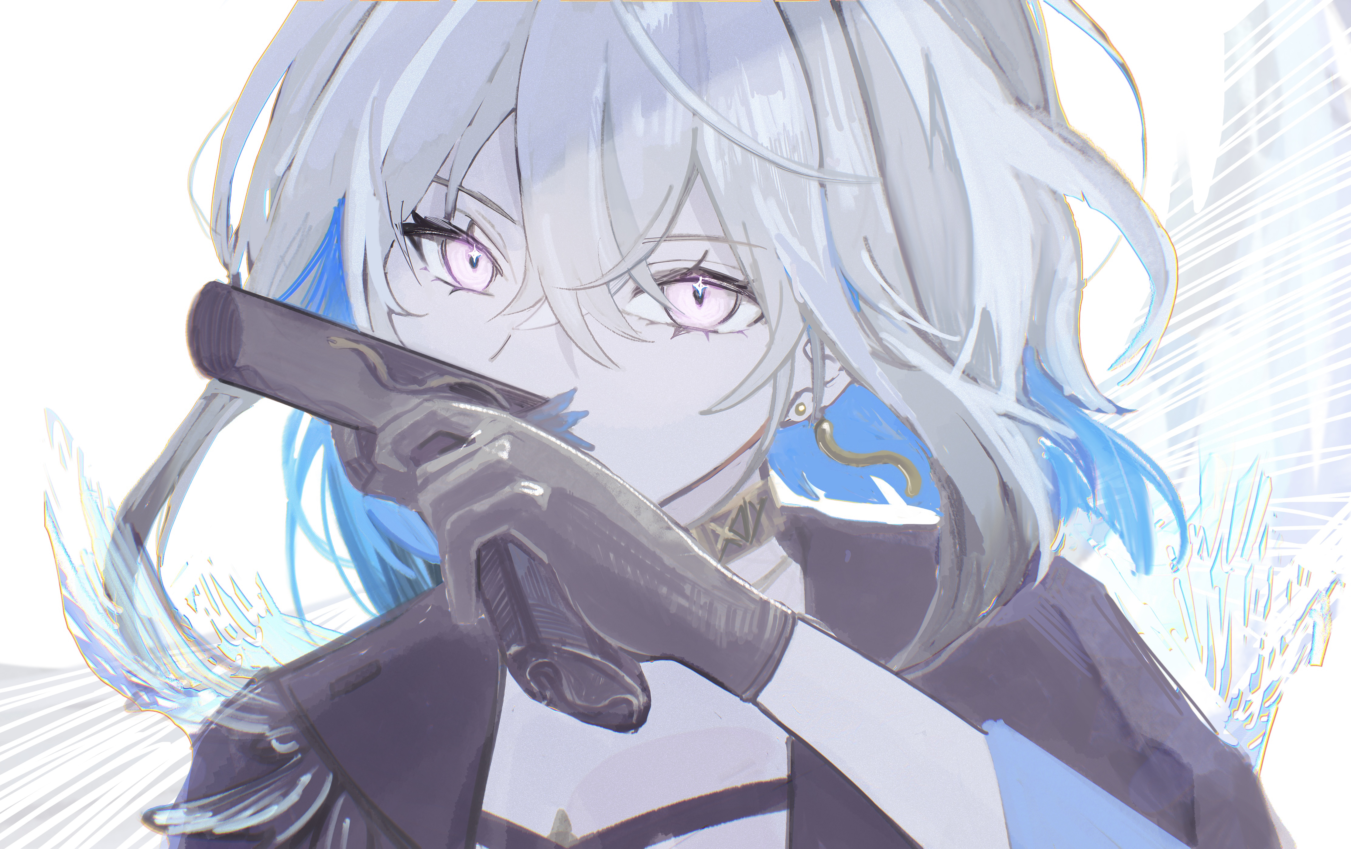 galbrena (wuthering waves), wuthering waves, absurdres, commentary request, highres, partial commentary, 1010 (wuthering1100), 1girl, black gloves, blue hair, colored inner hair, earrings, gloves, grey hair, gun, hair between eyes, hand up, handgun, holding, holding gun, holding weapon, jewelry, looking at viewer, medium hair, multicolored hair, portrait, purple eyes, solo, weapon