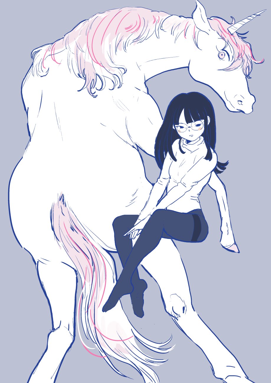 ukyu (komarukoune), emuko (ikkakujuu wa tsuranukanai), uni (ikkakujuu wa tsuranukanai), ikkakujuu wa tsuranukanai, highres, 1girl, black hair, blunt bangs, full body, glasses, hooves, long hair, pink hair, round eyewear, simple background, unicorn, unicorn horn