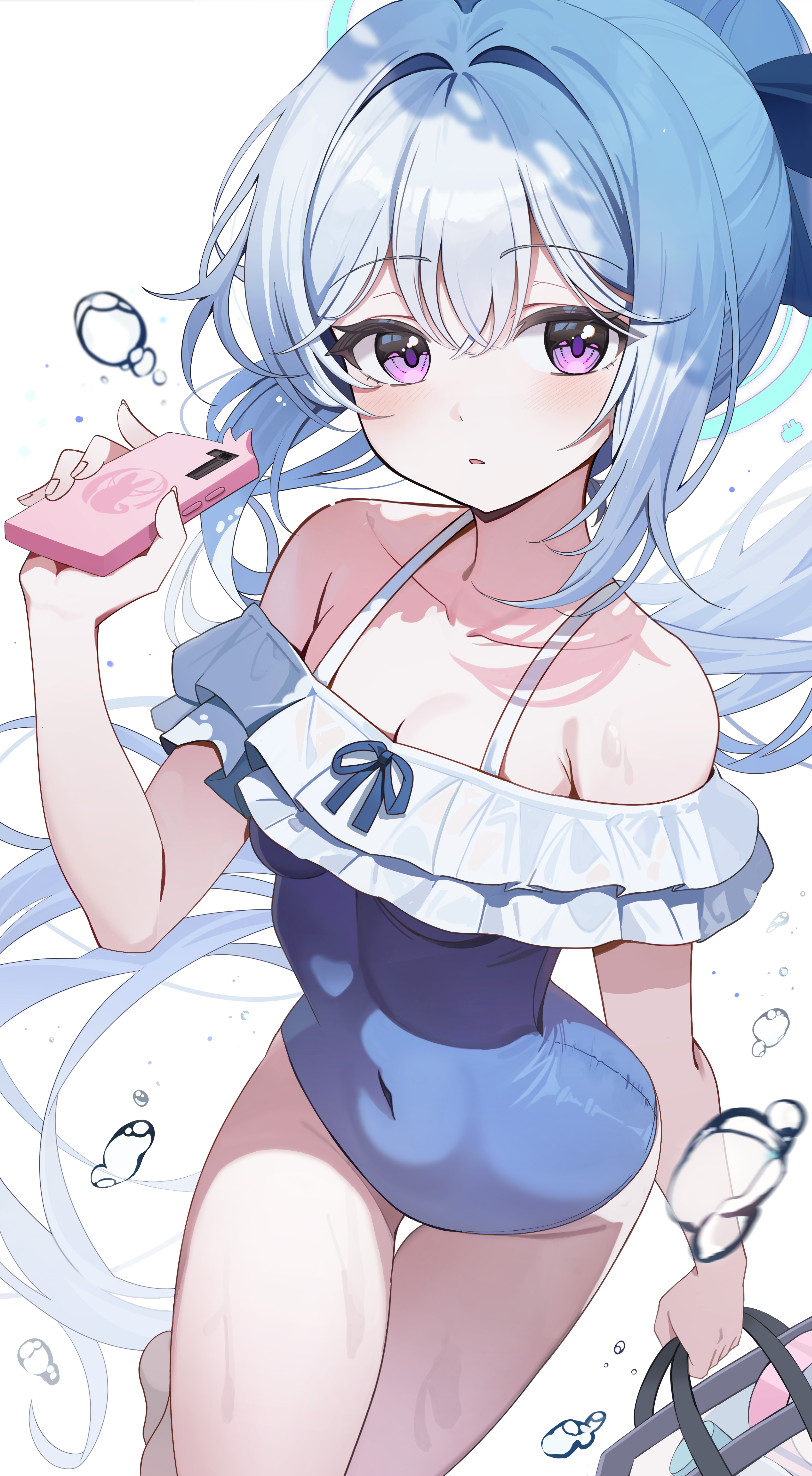 kinsuke z, miyako (blue archive), miyako (swimsuit) (blue archive), blue archive, absurdres, highres, 1girl, bag, blue halo, blue one-piece swimsuit, breasts, cellphone, cleavage, covered navel, frilled one-piece swimsuit, frills, halo, holding, holding bag, holding phone, long hair, official alternate costume, one-piece swimsuit, parted lips, phone, ponytail, purple eyes, simple background, solo, swimsuit, water drop, wet, white background, white hair