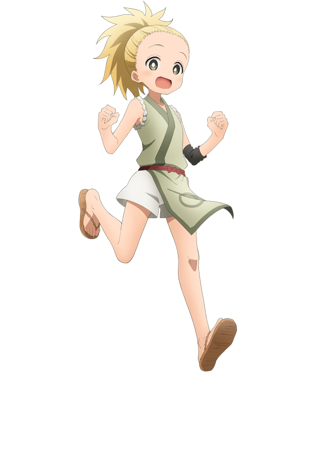 okuda yousuke, higuruma (kunoichi tsubaki no mune no uchi), kunoichi tsubaki no mune no uchi, official art, 1girl, :d, anime coloring, blonde hair, blush, breasts, clenched hands, elbow gloves, flat chest, forehead, full body, gloves, green kimono, japanese clothes, kimono, leg up, looking at viewer, open mouth, pelvic curtain, ponytail, running, short shorts, shorts, simple background, single elbow glove, sleeveless, smile, solo, tachi-e, transparent background, w arms, waraji, white shorts, yellow eyes
