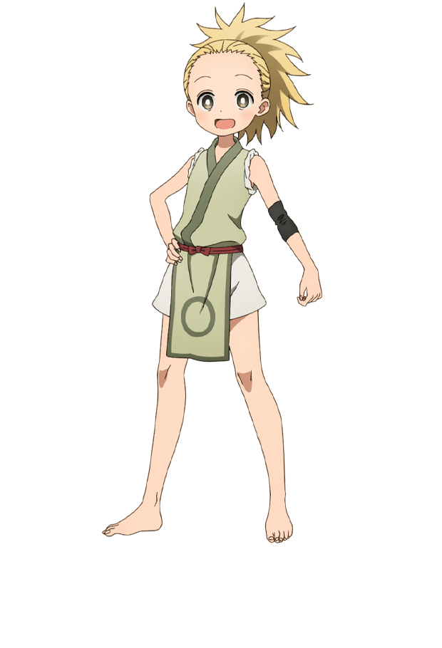 okuda yousuke, higuruma (kunoichi tsubaki no mune no uchi), kunoichi tsubaki no mune no uchi, official art, 1girl, :d, anime coloring, blonde hair, blush, breasts, elbow gloves, flat chest, forehead, full body, gloves, green kimono, japanese clothes, kimono, looking at viewer, open mouth, pelvic curtain, ponytail, short shorts, shorts, simple background, single elbow glove, sleeveless, smile, solo, standing, tachi-e, transparent background, white shorts, yellow eyes